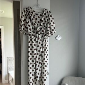 Chic White and Brown Polka Dot Midi Dress